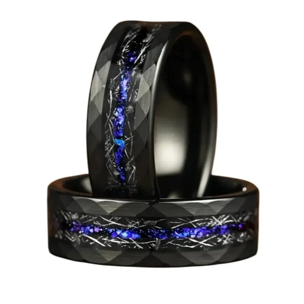 Tungsten Steel Matte Black  Hammered 8MM Double Beveled men's wedding ring
